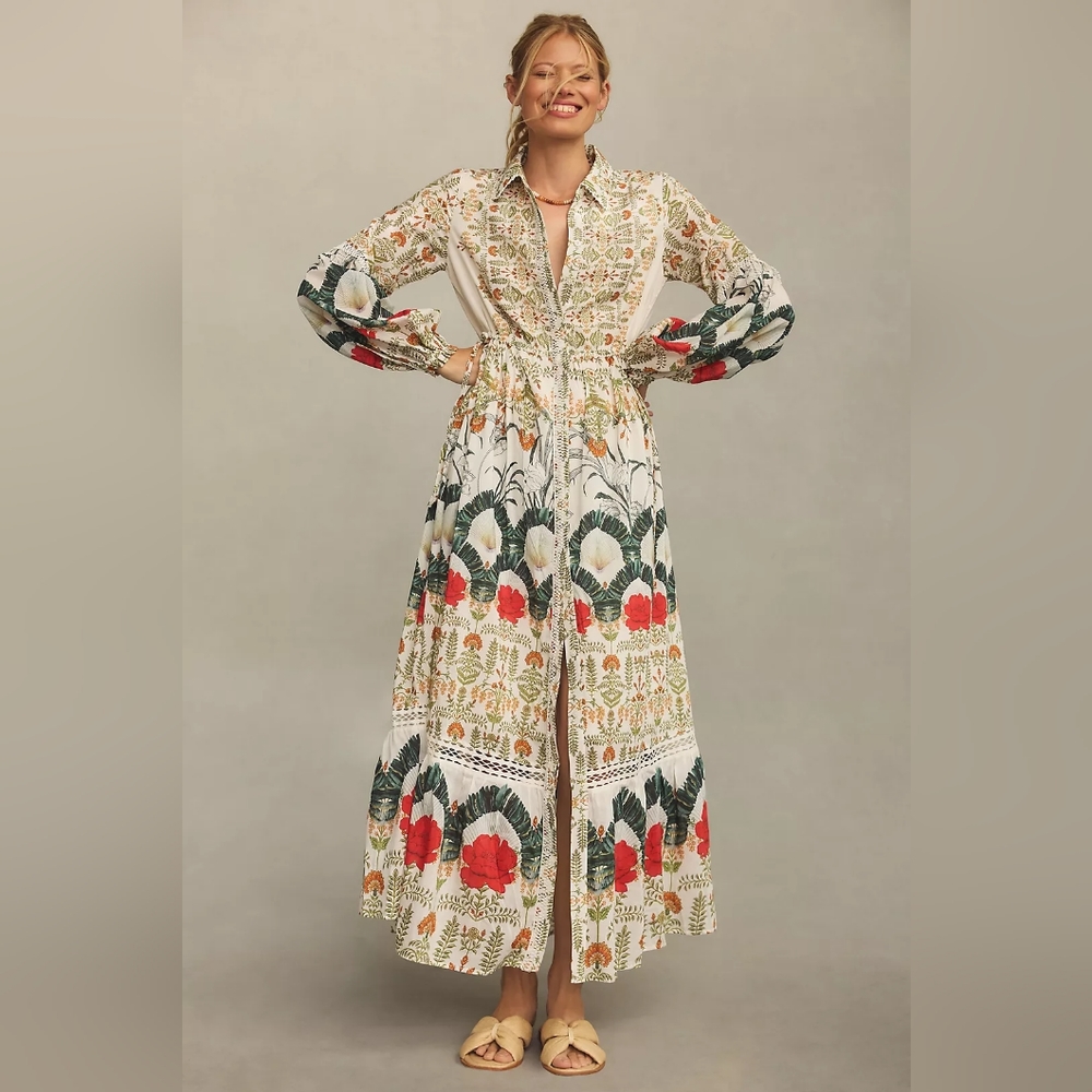 Anthropologie Printed Buttondown Shirt Dress In Botanical Motif Size XS NWT